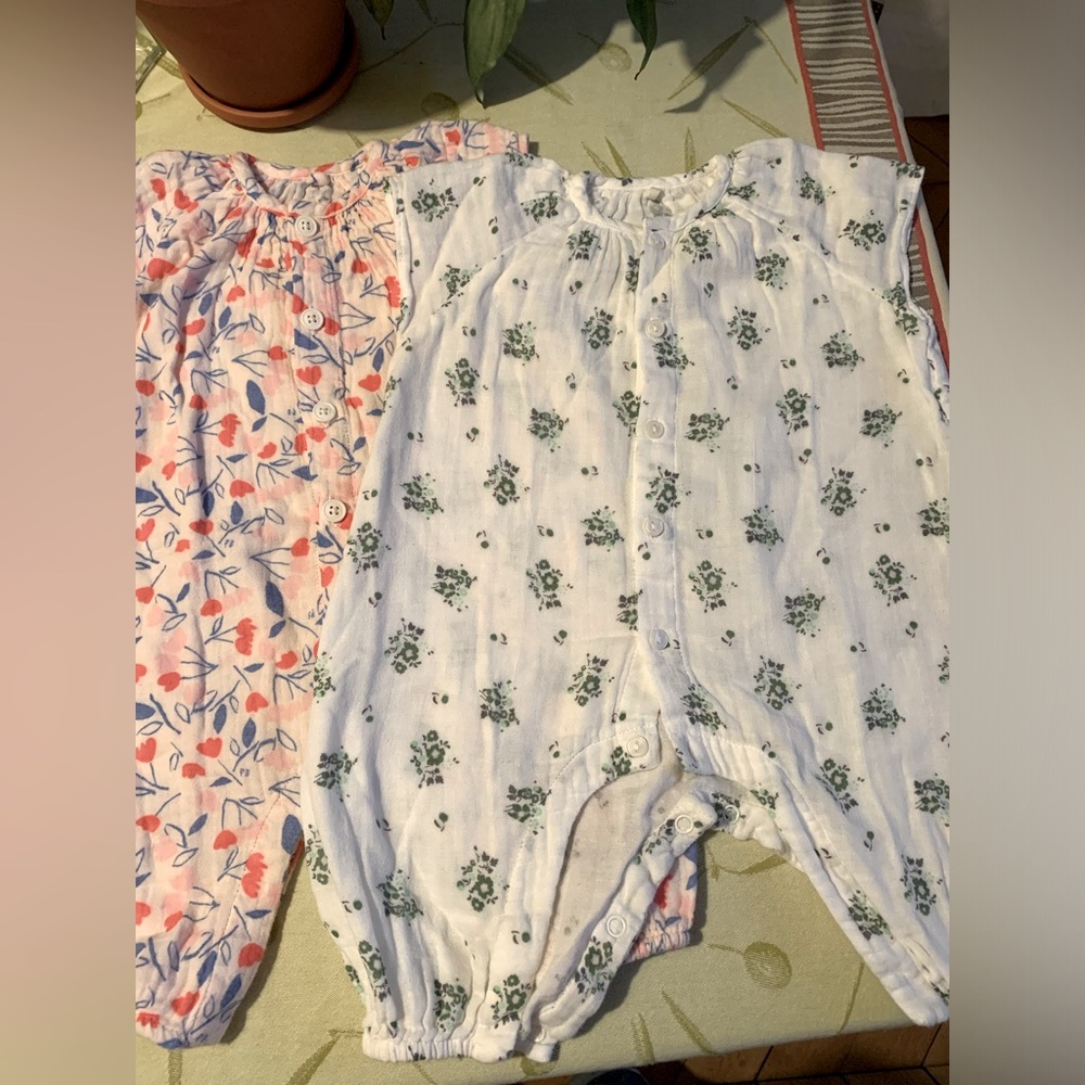 Two Petit Bateau muslin, sleeveless, long-leg jumpers